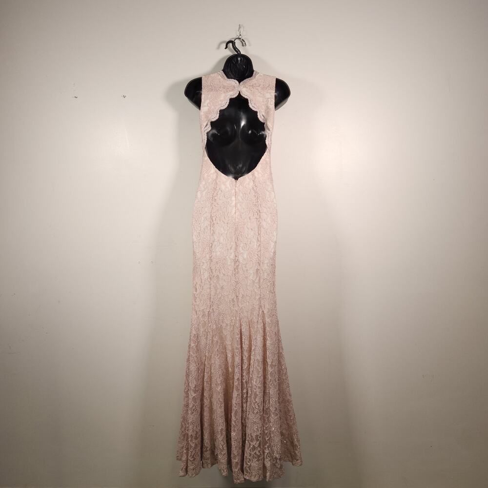 MORGAN & CO Scalloped Glitter Lace Mermaid Gown Junior 3 Nude Beige Floor Length - Picture 3 of 12